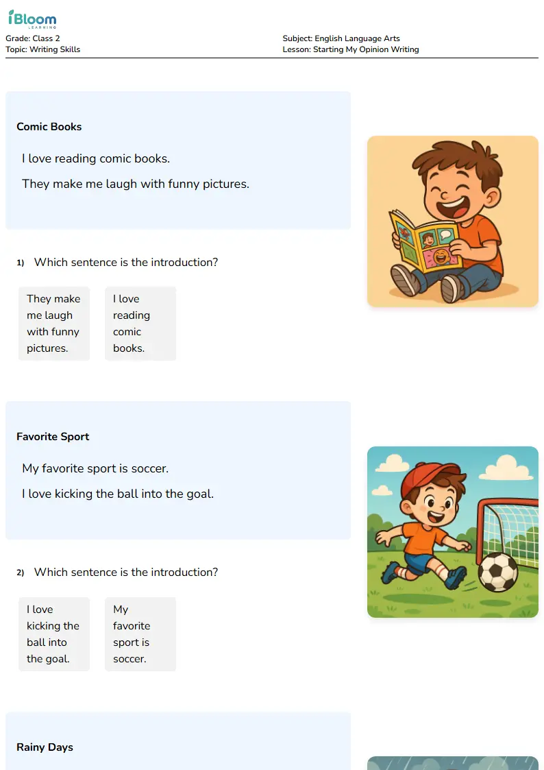 Free Starting My Opinion Writing Worksheets for Class 2 | iBloom