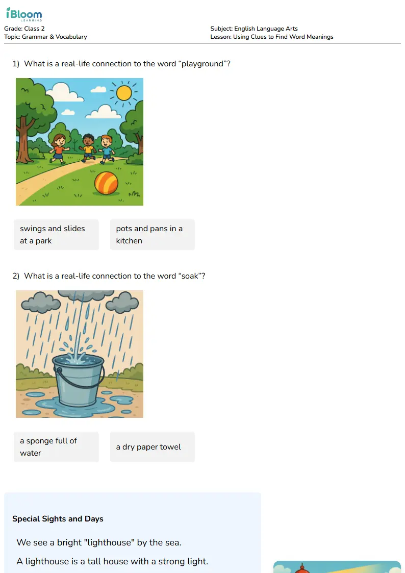 Free Using Clues to Find Word Meanings Worksheets for Class 2 | iBloom