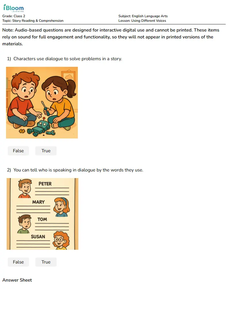 Free Using Different Voices Worksheets for Class 2 | iBloom