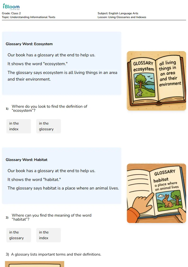 Free Using Glossaries and Indexes Worksheets for Class 2 | iBloom