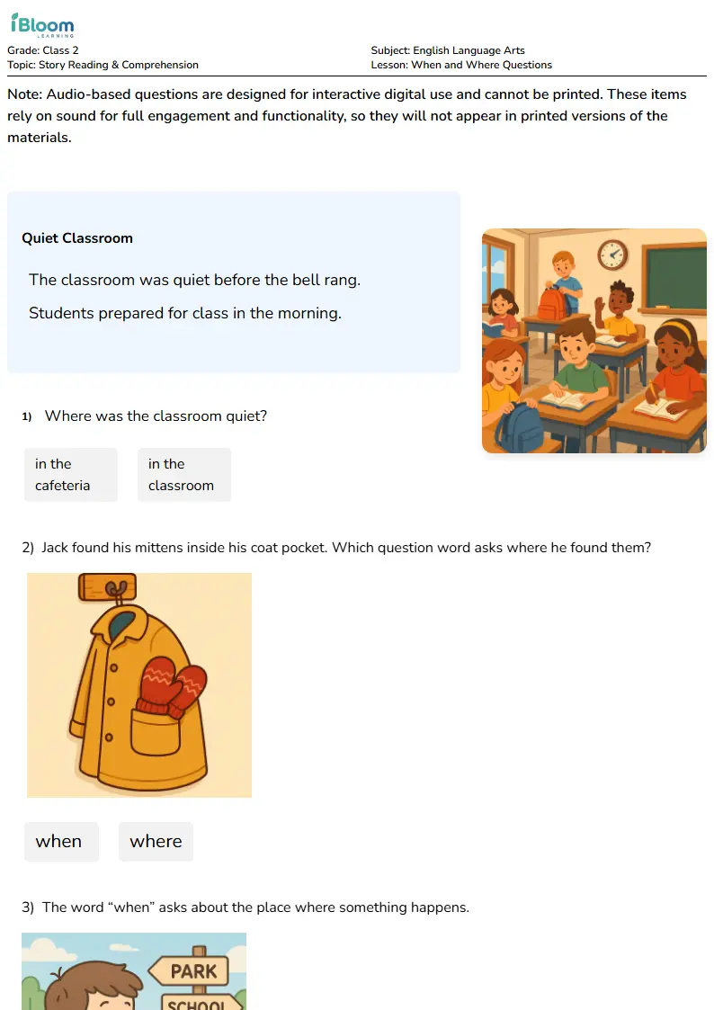 Free When and Where Questions Worksheets for Class 2 | iBloom
