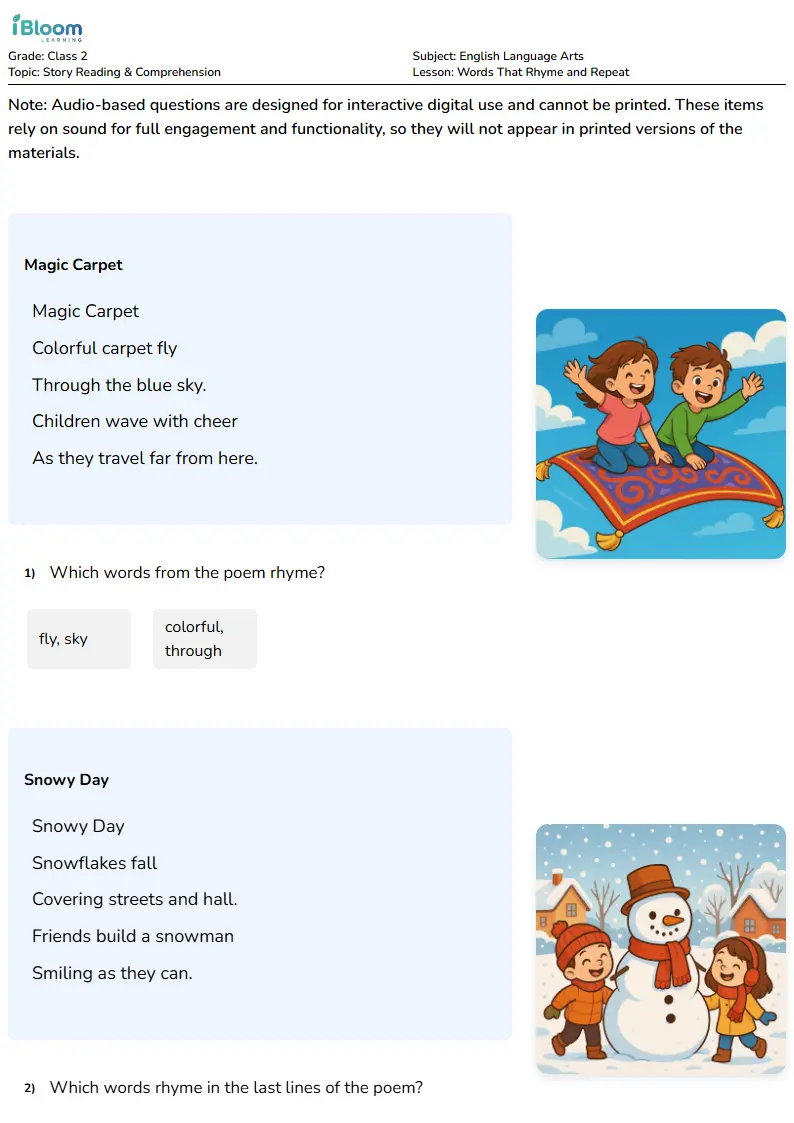 Free Words That Rhyme and Repeat Worksheets for Class 2 | iBloom
