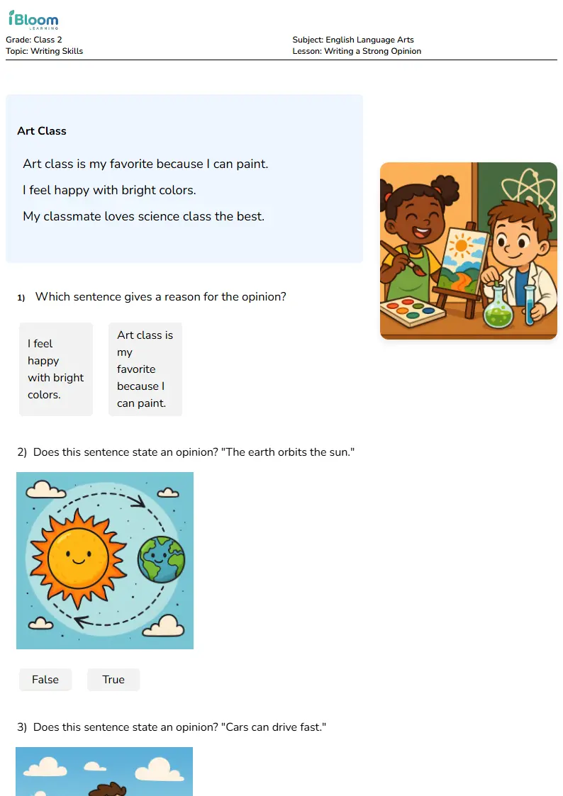 Free Writing a Strong Opinion Worksheets for Class 2 | iBloom