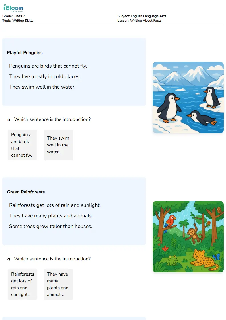 Free Writing About Facts Worksheets for Class 2 | iBloom