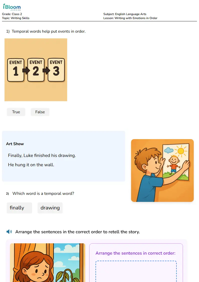 Free Writing with Emotions in Order Worksheets for Class 2 | iBloom