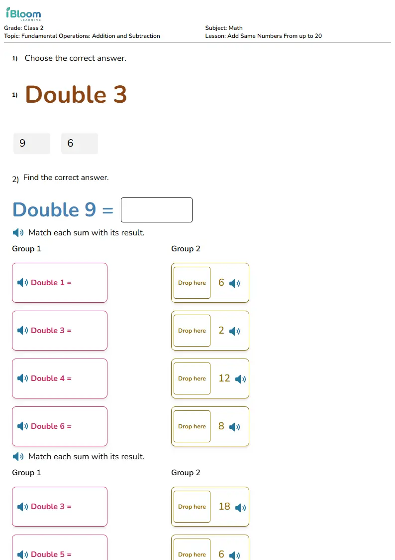 Doubles to 20 Worksheet for Class 2