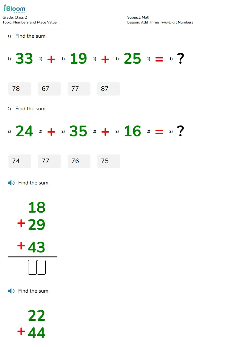 Free Add Three Two-Digit Numbers Worksheets for Class 2