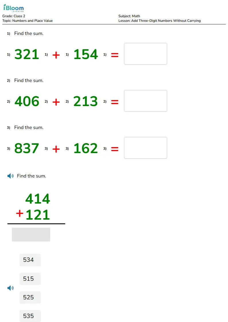 3-Digit Addition Without Carrying Worksheet | Class 2