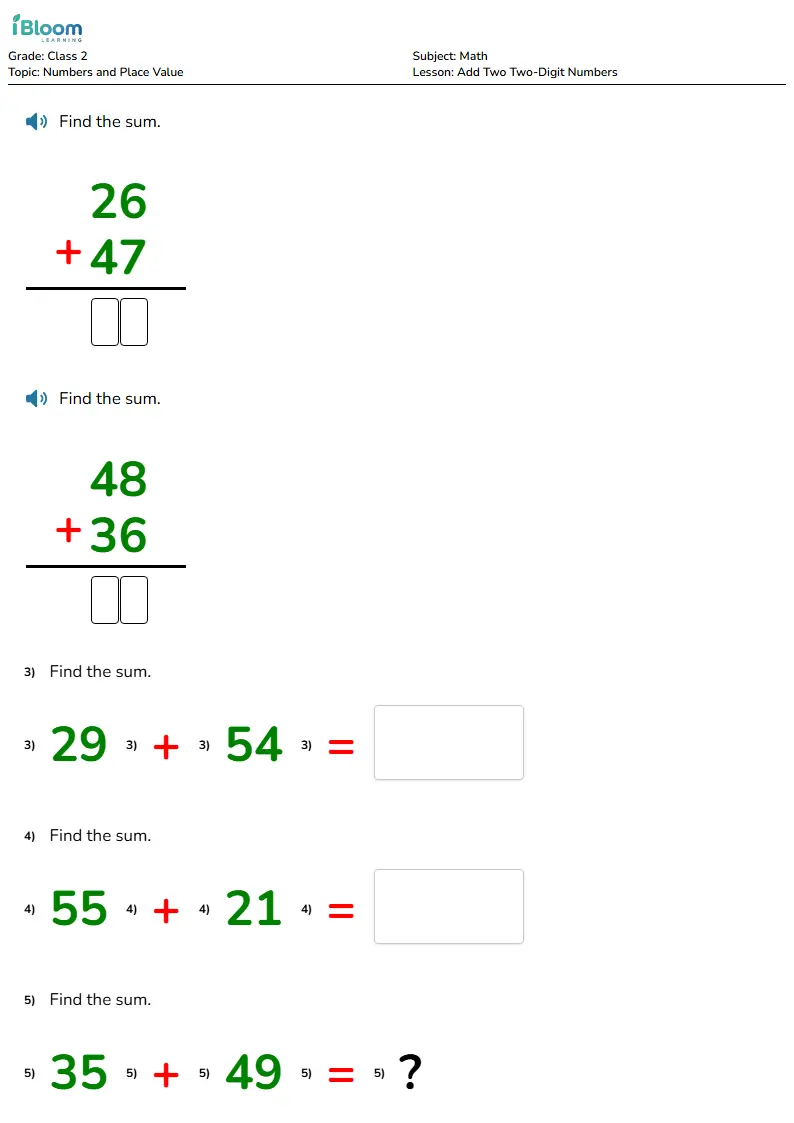 Free Add Two Two-Digit Numbers Worksheets for Class 2