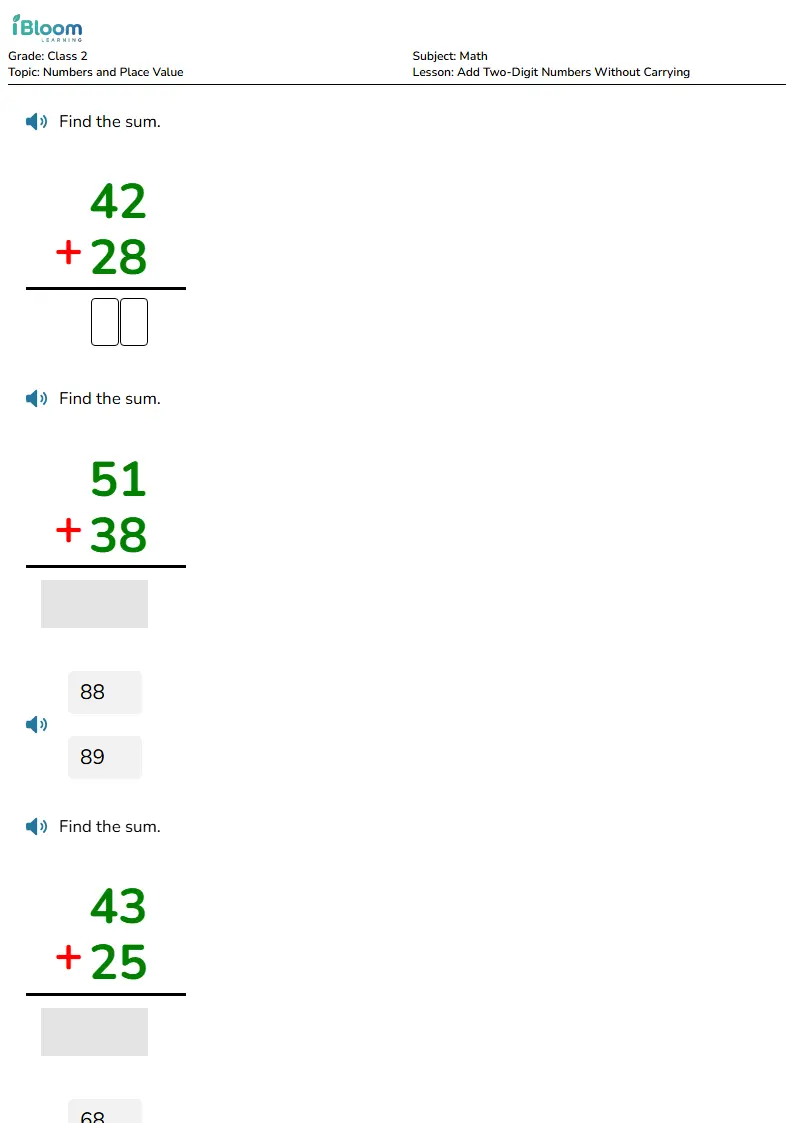 Free Add Two-Digit Numbers Without Carrying Worksheets for Class 2