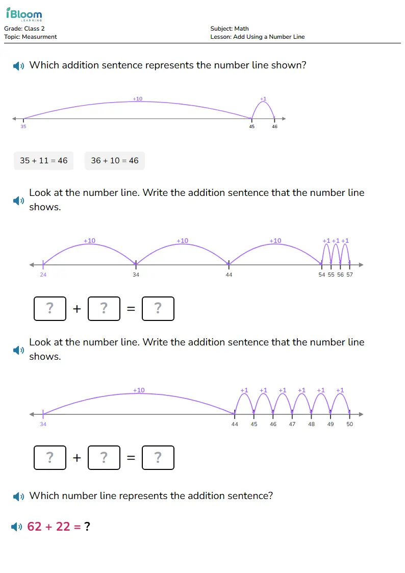 Free Add Using a Number Line Worksheets for Class 2