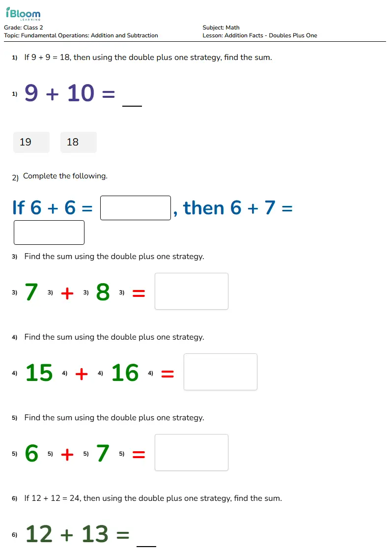 Free Addition Facts - Doubles Plus One Worksheets for Class 2