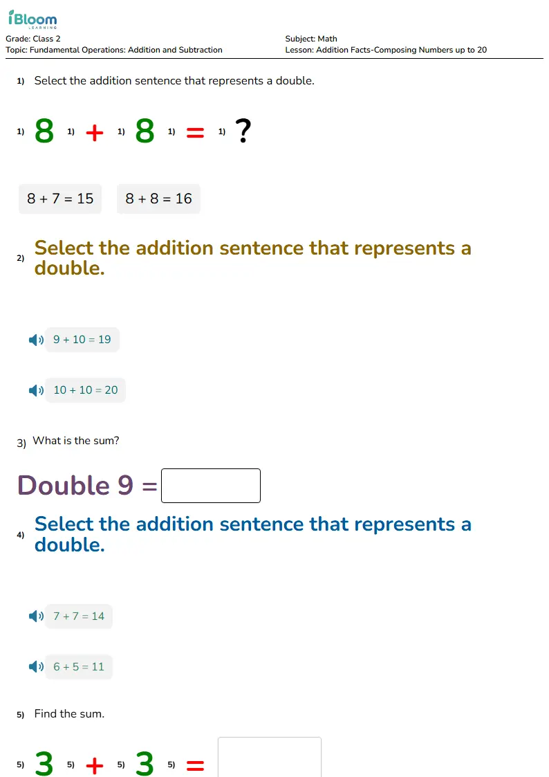 Preview image for Addition Facts-Composing Numbers up to 20 Worksheets for Class 2