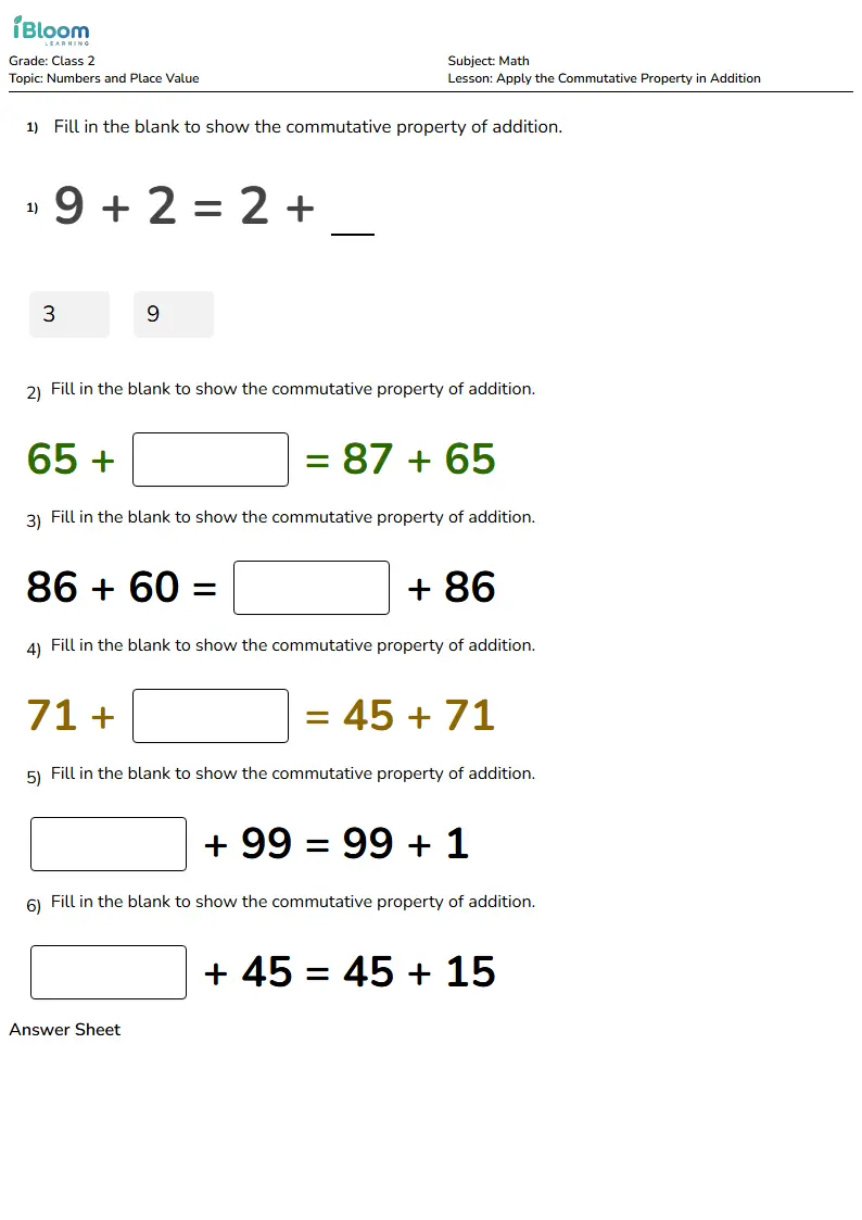 Free Apply the Commutative Property in Addition Worksheets for Class 2