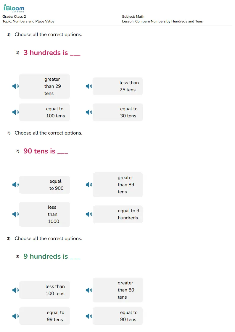 Free Compare Numbers by Hundreds and Tens Worksheets for Class 2