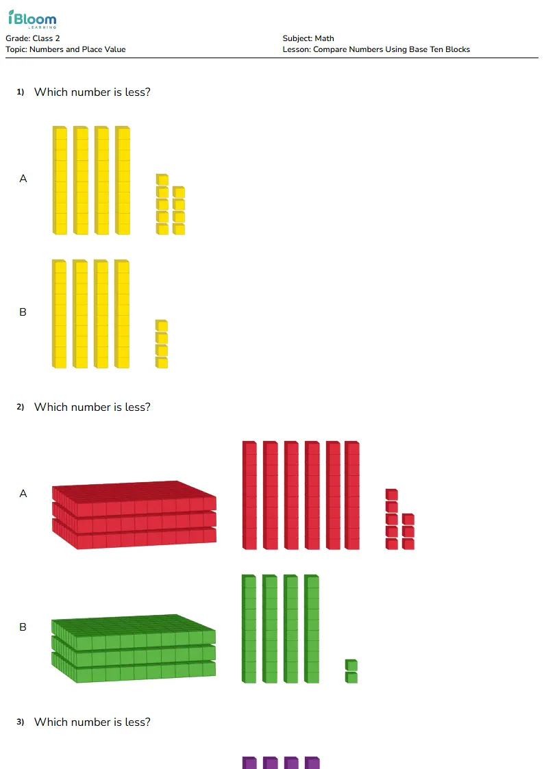 Free Compare Numbers Using Base Ten Blocks Worksheets for Class 2