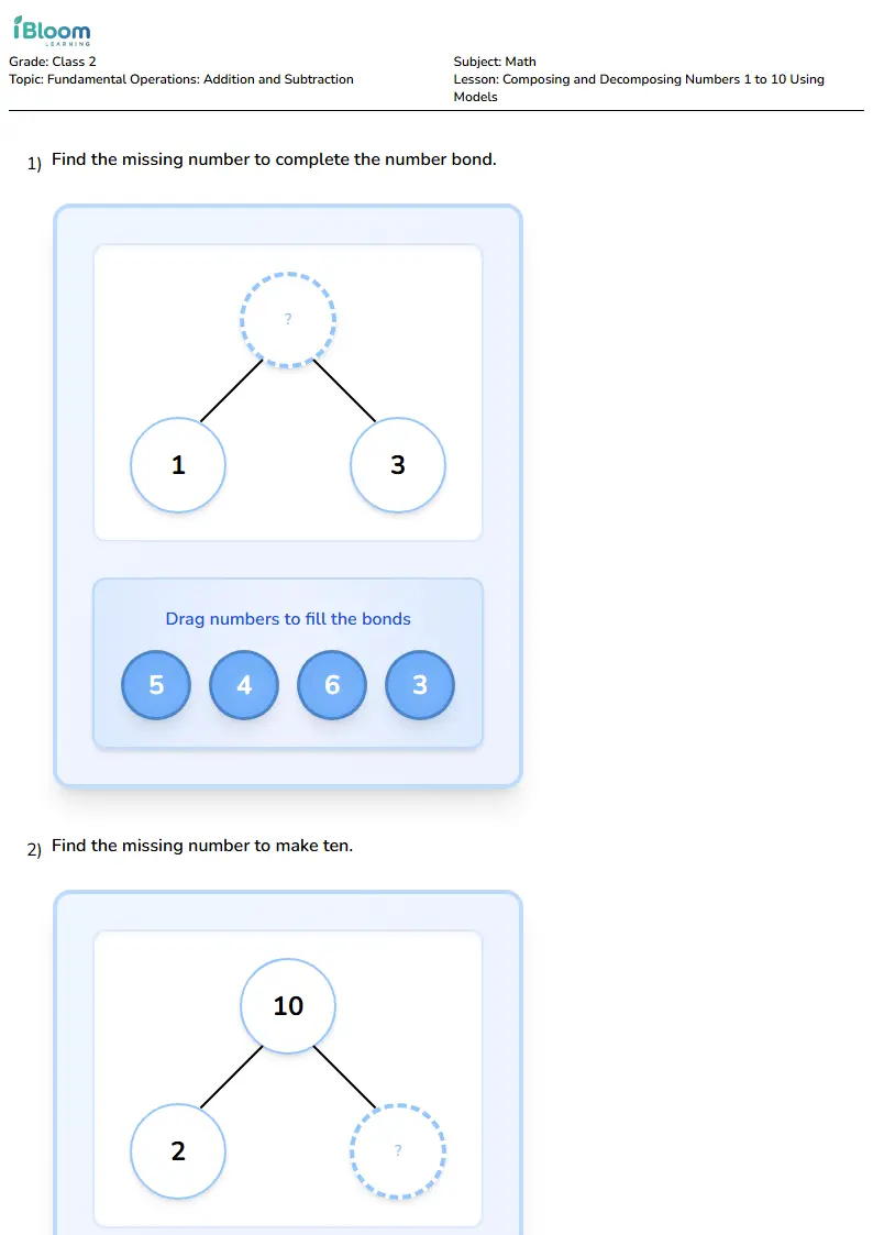 Free Composing and Decomposing Numbers 1 to 10 Using Models Worksheets for Class 2