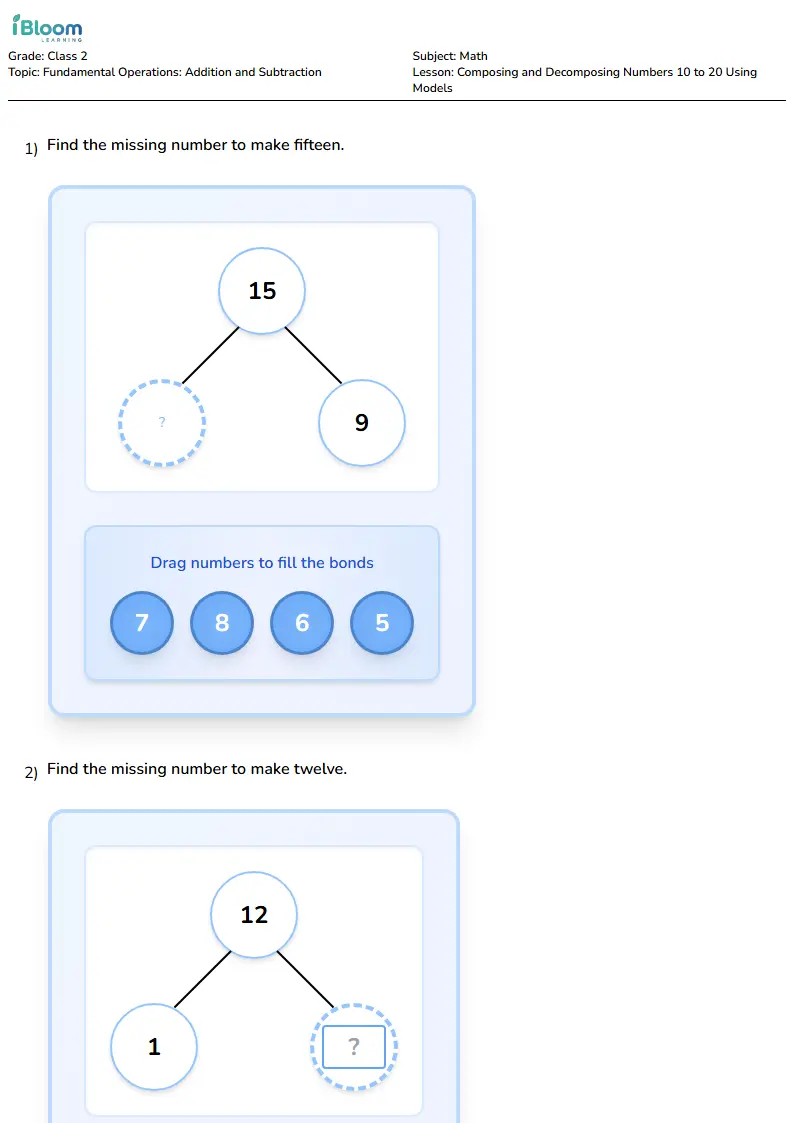 Free Composing and Decomposing Numbers 10 to 20 Using Models Worksheets for Class 2
