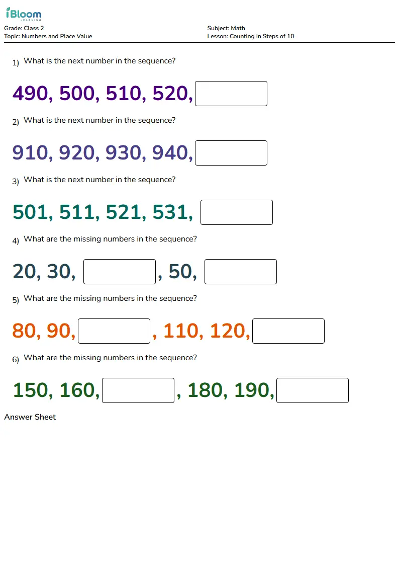 Free Counting in Steps of 10 Worksheets for Class 2