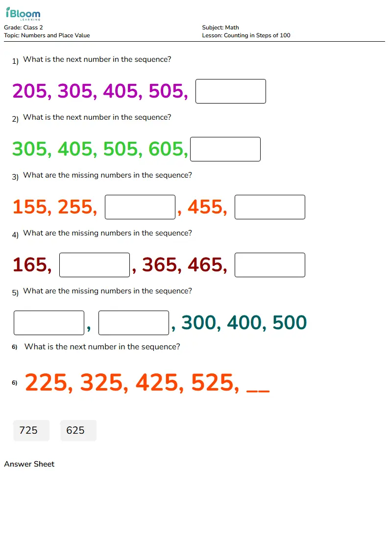 Free Counting in Steps of 100 Worksheets for Class 2