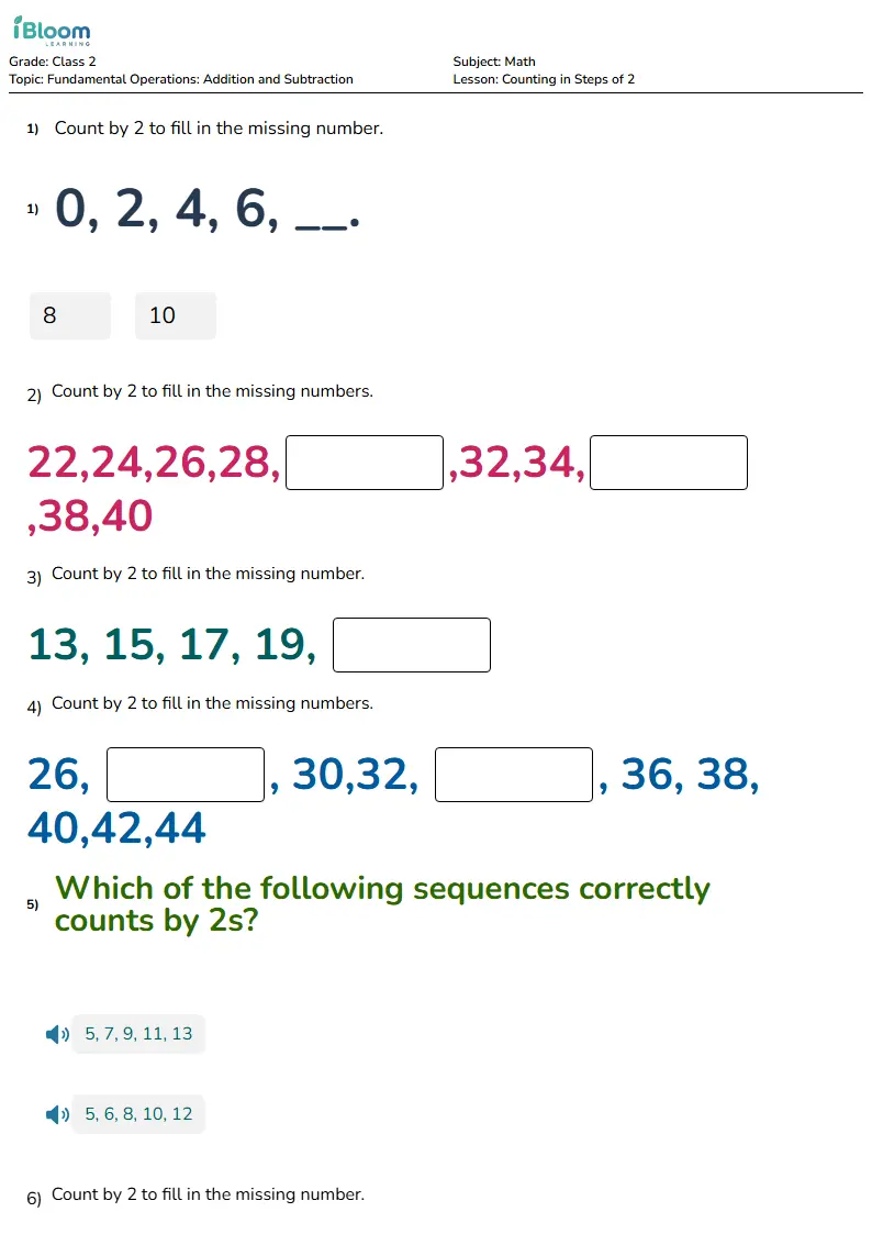 Free Counting in Steps of 2 Worksheets for Class 2