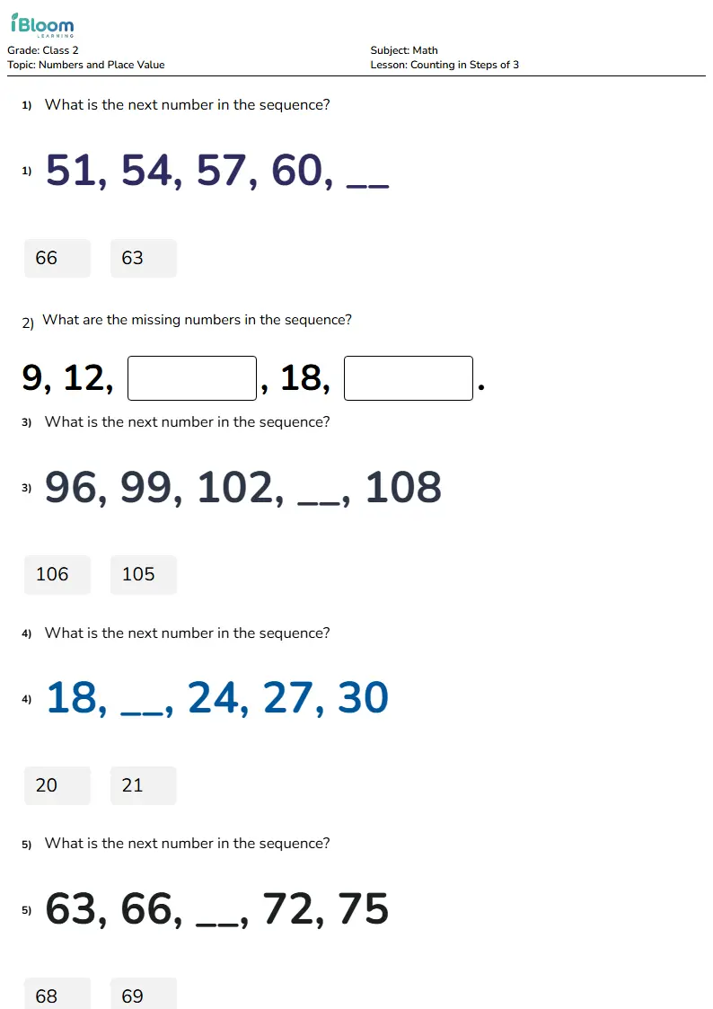 Free Counting in Steps of 3 Worksheets for Class 2