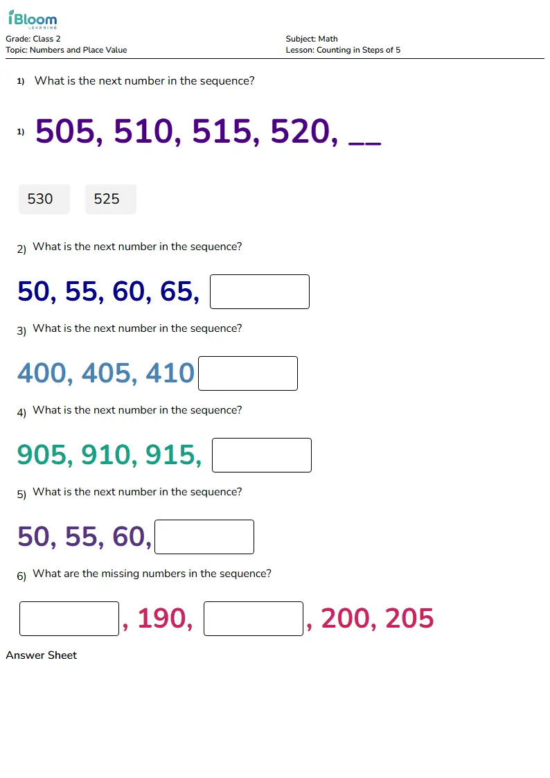 Free Counting in Steps of 5 Worksheets for Class 2