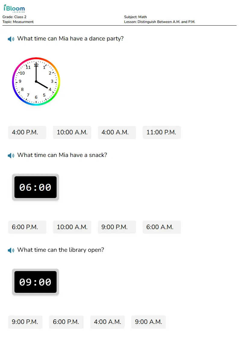 Free Distinguish Between A.M. and P.M. Worksheets for Class 2 | iBloom