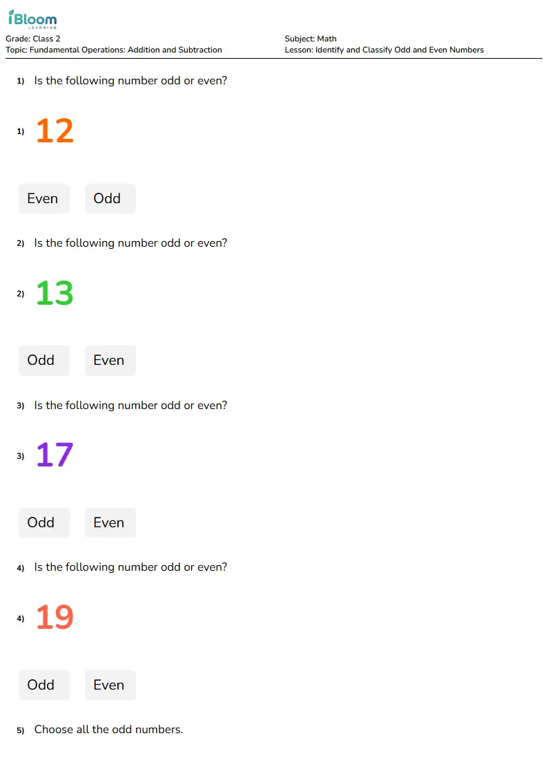 Free Identify and Classify Odd and Even Numbers Worksheets for Class 2 | iBloom
