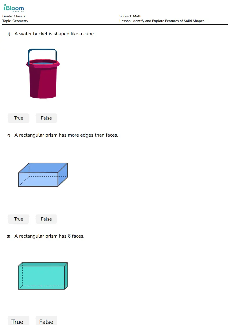 Free Identify and Explore Features of Solid Shapes Worksheets for Class 2 | iBloom