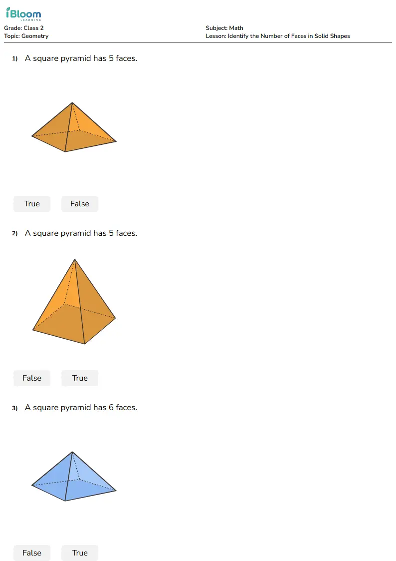 Free Identify the Number of Faces in Solid Shapes Worksheets for Class 2 | iBloom