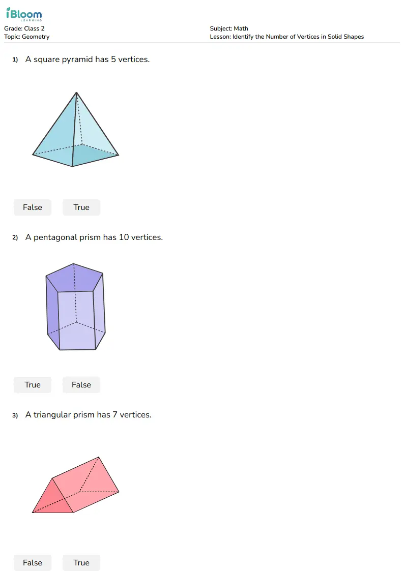 Free Identify the Number of Vertices in Solid Shapes Worksheets for Class 2 | iBloom