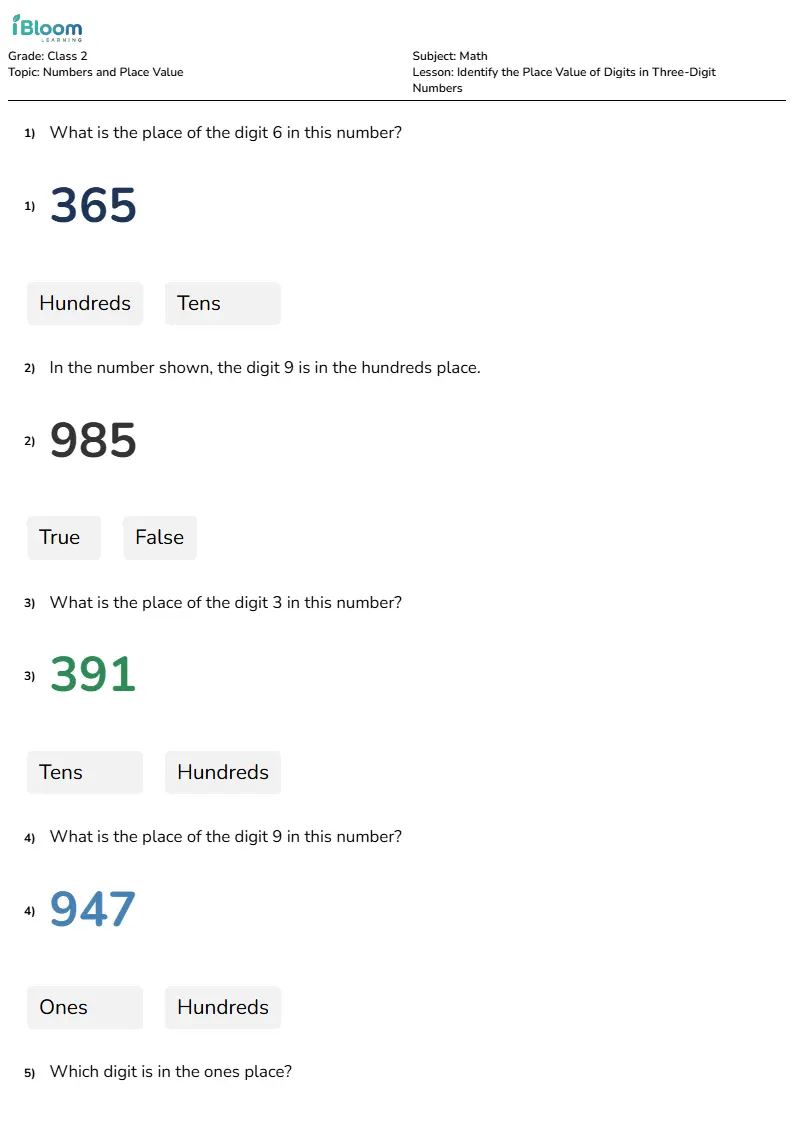 Free Identify the Place Value of Digits in Three-Digit Numbers Worksheets for Class 2 | iBloom