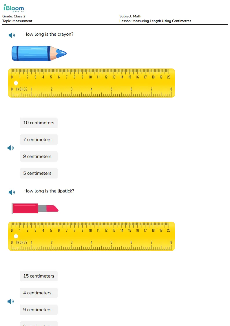 Free Measuring Length Using Centimetres Worksheets for Class 2 | iBloom