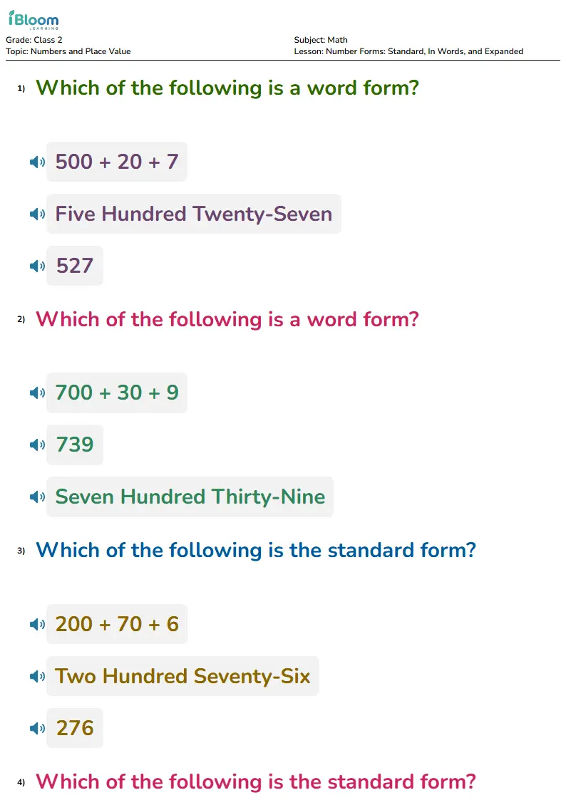 Free Number Forms: Standard,  In Words, and Expanded Worksheets for Class 2 | iBloom