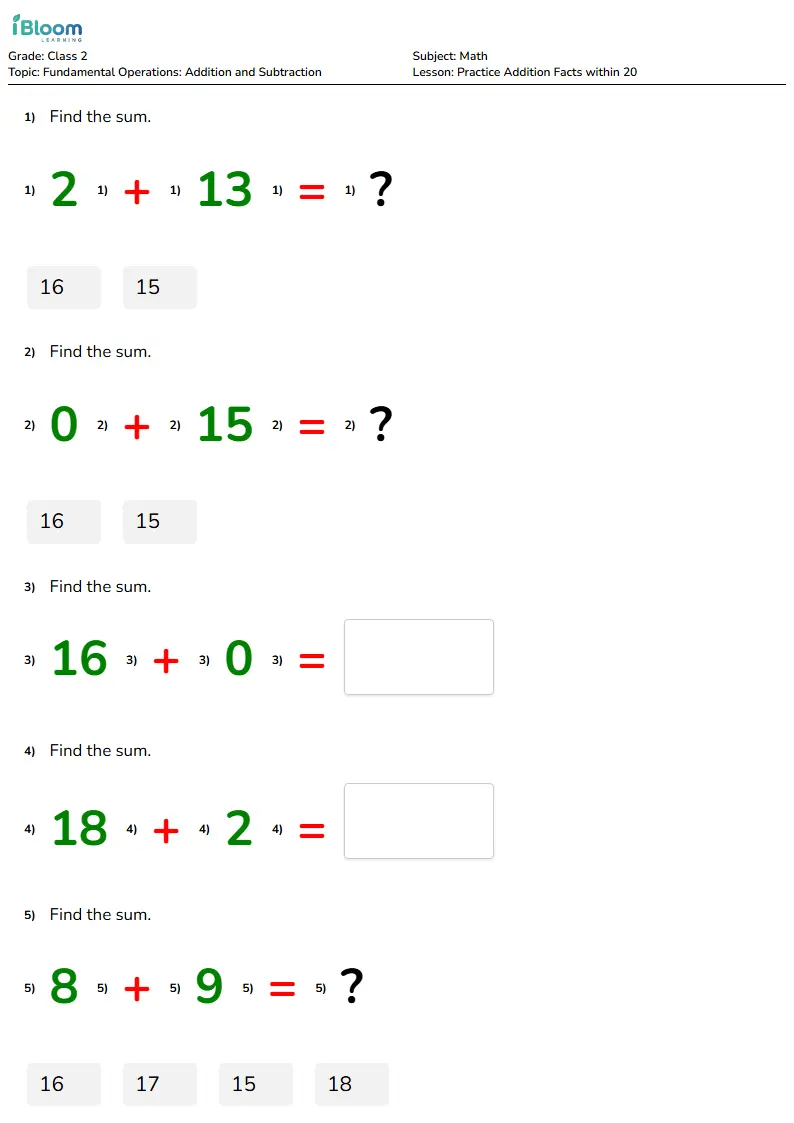 Free Practice Addition Facts within 20 Worksheets for Class 2 | iBloom