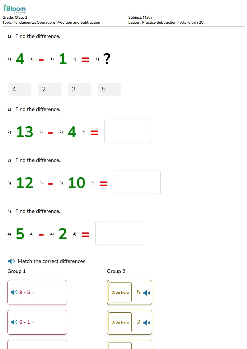 Free Practice Subtraction Facts within 20 Worksheets for Class 2 | iBloom