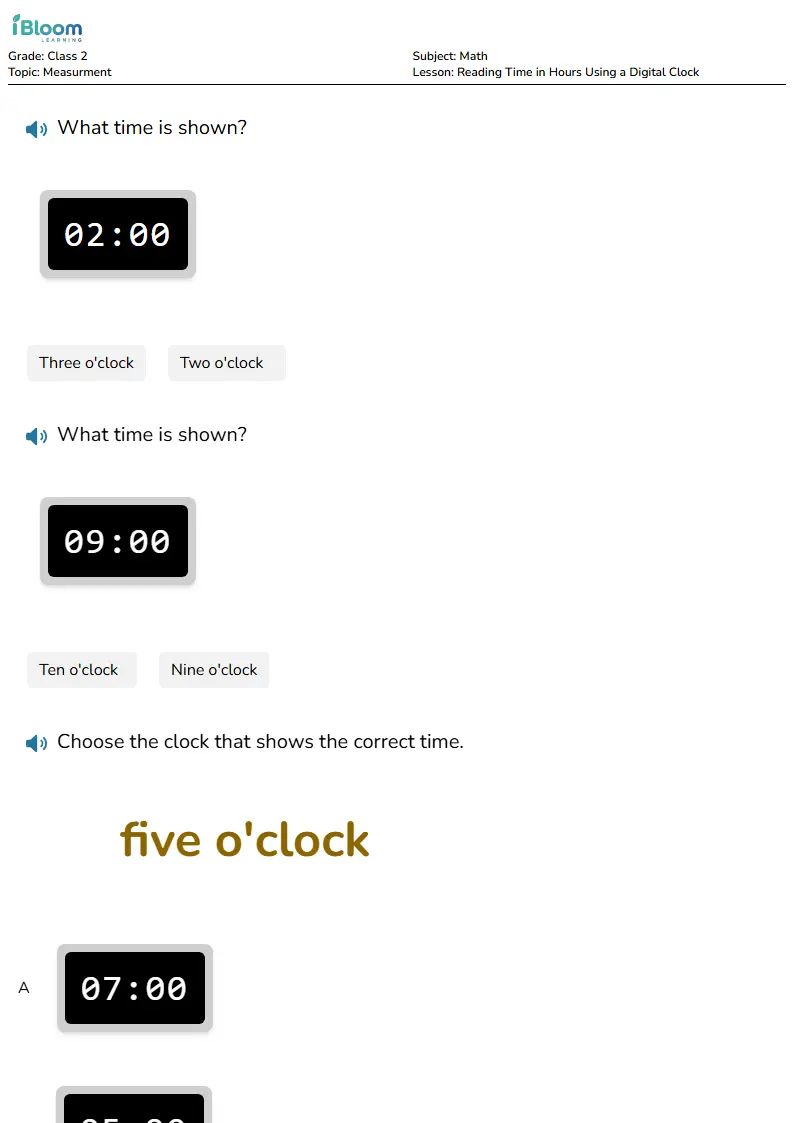 Free Reading Time in Hours Using a Digital Clock Worksheets for Class 2 | iBloom