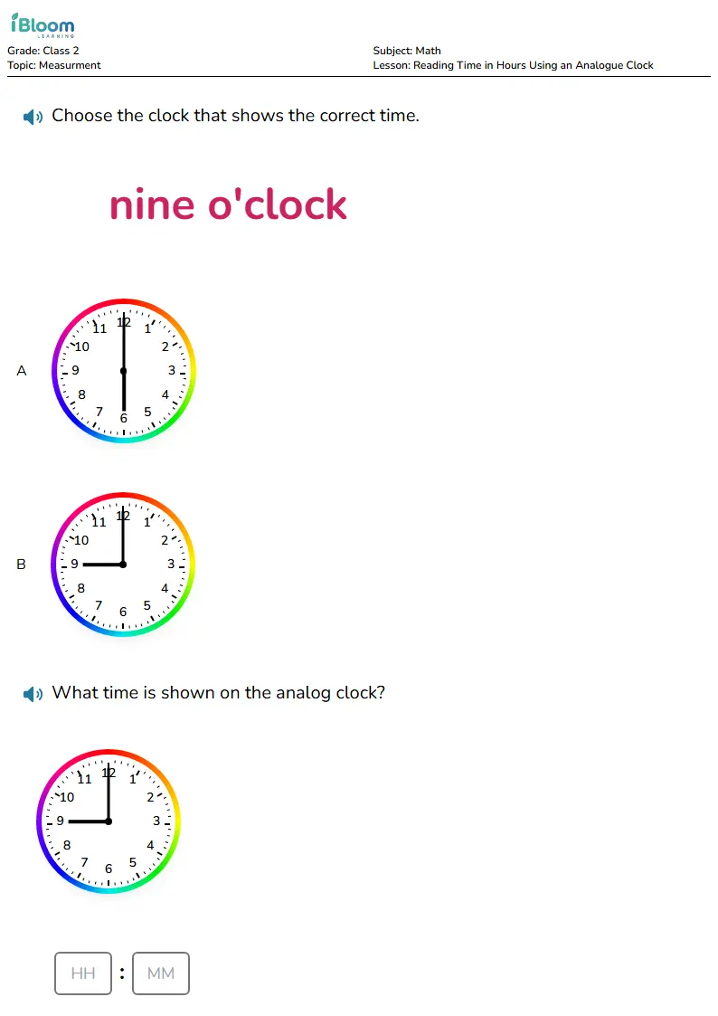 Free Reading Time in Hours Using an Analogue Clock Worksheets for Class 2 | iBloom