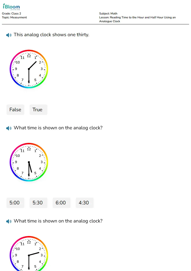 Free Reading Time to the Hour and Half Hour Using an Analogue Clock Worksheets for Class 2 | iBloom
