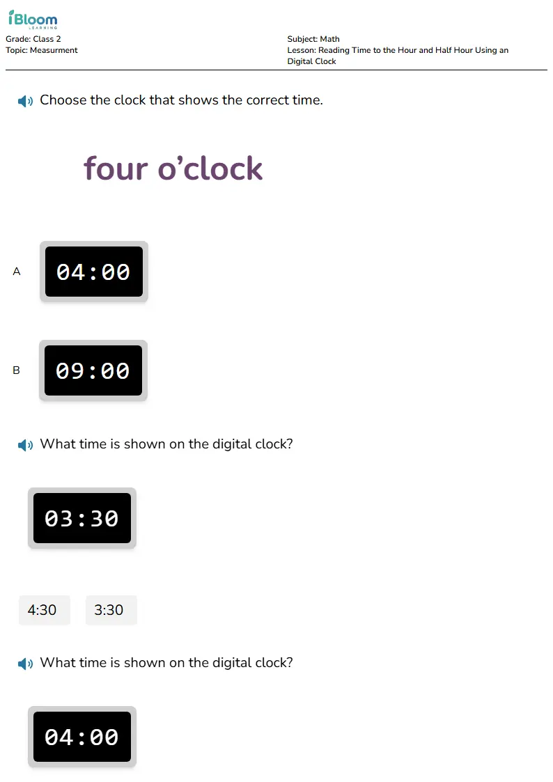 Free Reading Time to the Hour and Half Hour Using an Digital Clock Worksheets for Class 2 | iBloom