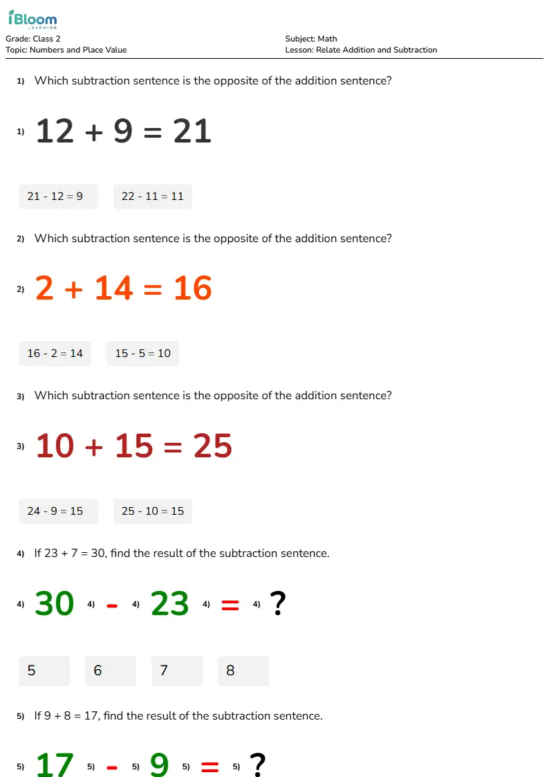 Free Relate Addition and Subtraction Worksheets for Class 2 | iBloom