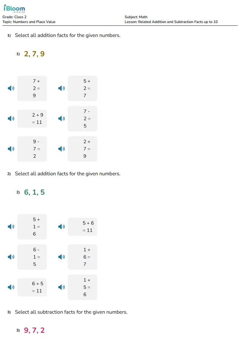Related Addition and Subtraction Facts to 10 | Class 2