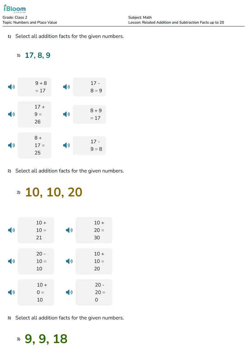 Free Related Addition and Subtraction Facts up to 20 Worksheets for Class 2 | iBloom