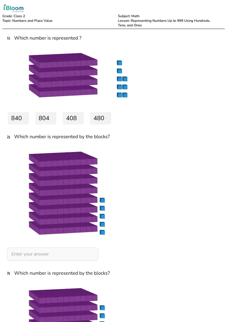 Free Representing Numbers Up to 999 Using Hundreds, Tens, and Ones Worksheets for Class 2 | iBloom