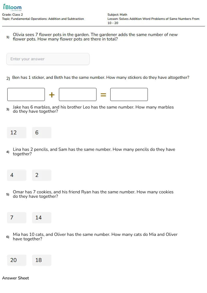 Free Solves Addition Word Problems of Same Numbers From 10 - 20 Worksheets for Class 2 | iBloom