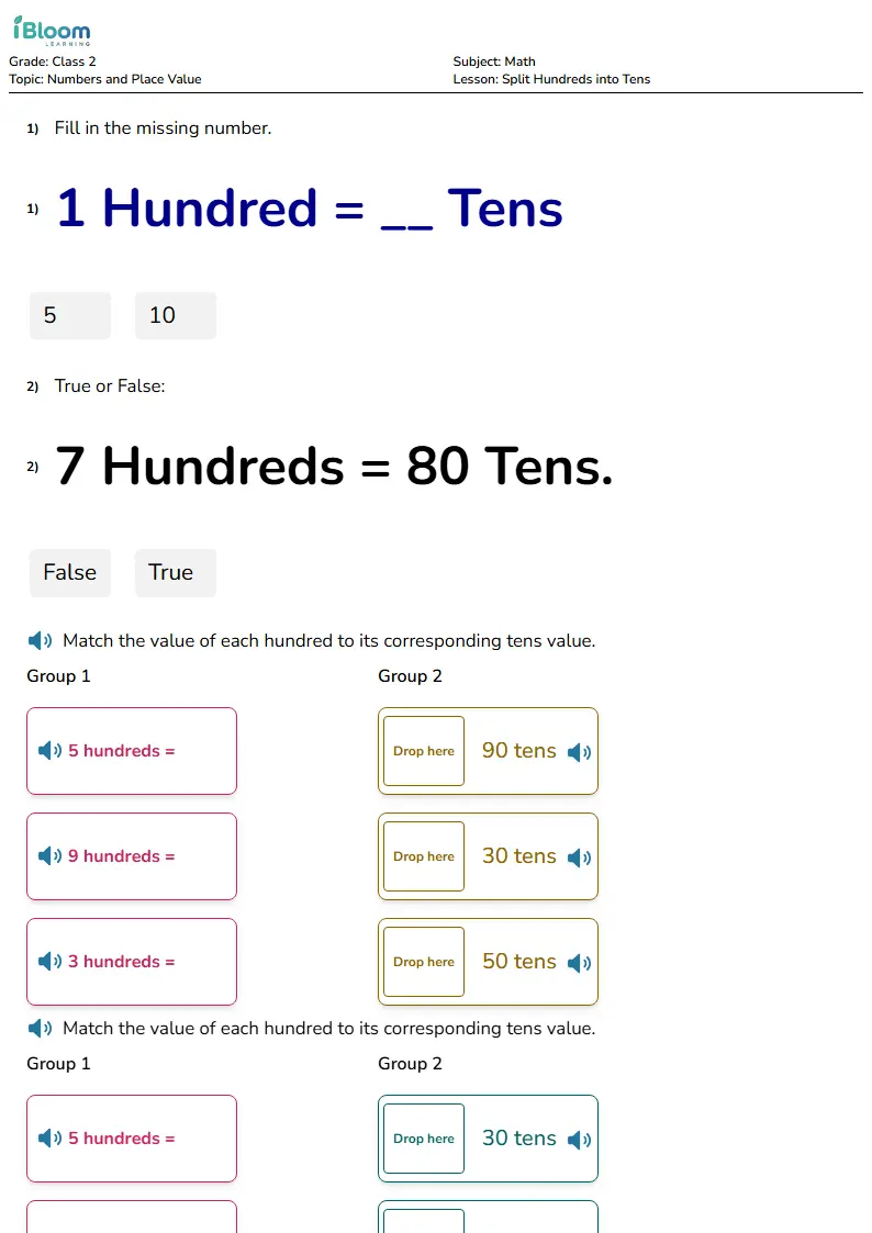 Free Split Hundreds into Tens Worksheets for Class 2 | iBloom