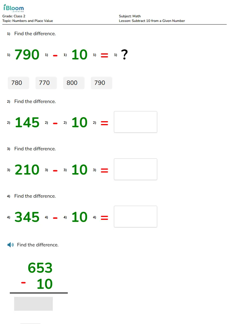 Free Subtract 10 from a Given Number Worksheets for Class 2 | iBloom