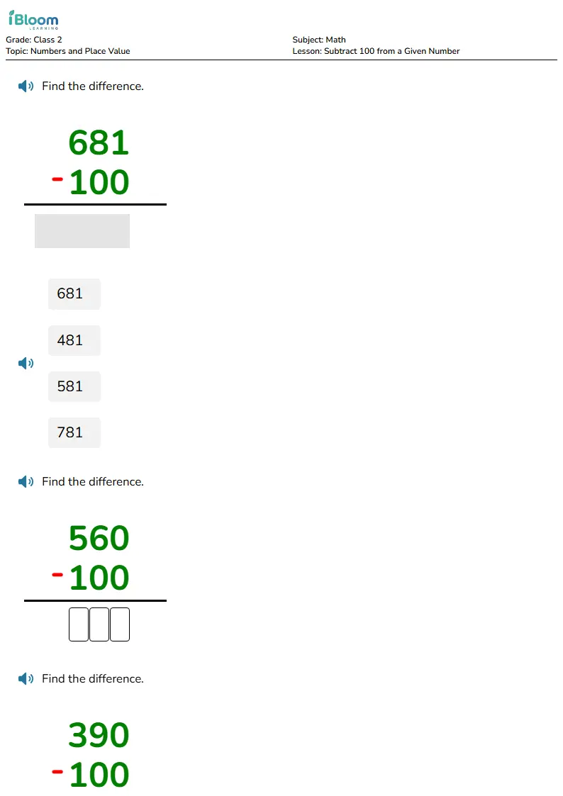 Subtract 100 Worksheet for Class 2