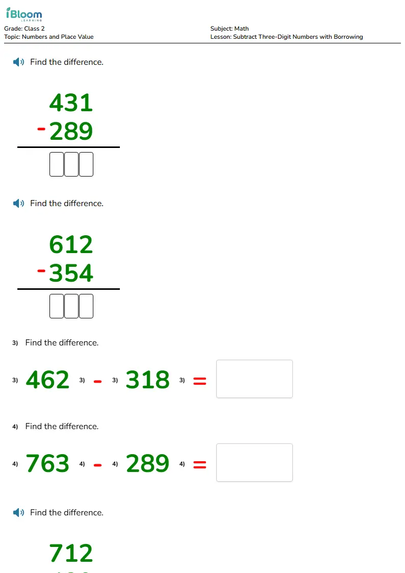 Free Subtract Three-Digit Numbers with Borrowing Worksheets for Class 2 | iBloom